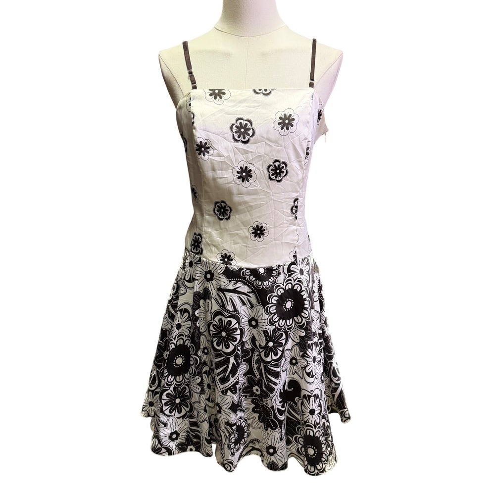 Motivi Black White Floral Drop Waist Mini Dress Size US 8 / UK 12 Whimsigoth Y2K